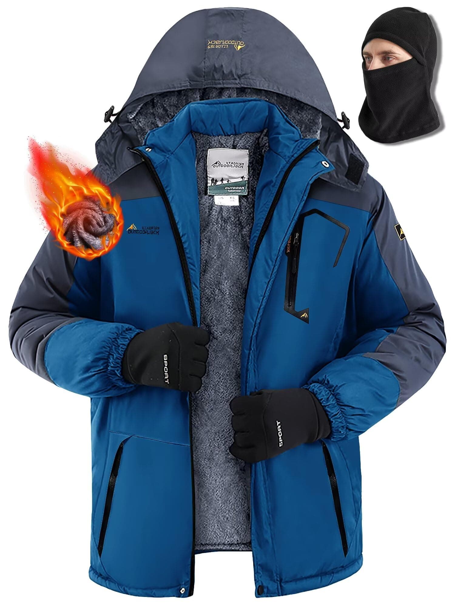 WOSONG Men's Winter Ski Coats, Fleece-Lined & Balaclava, Waterproof & Windproof
