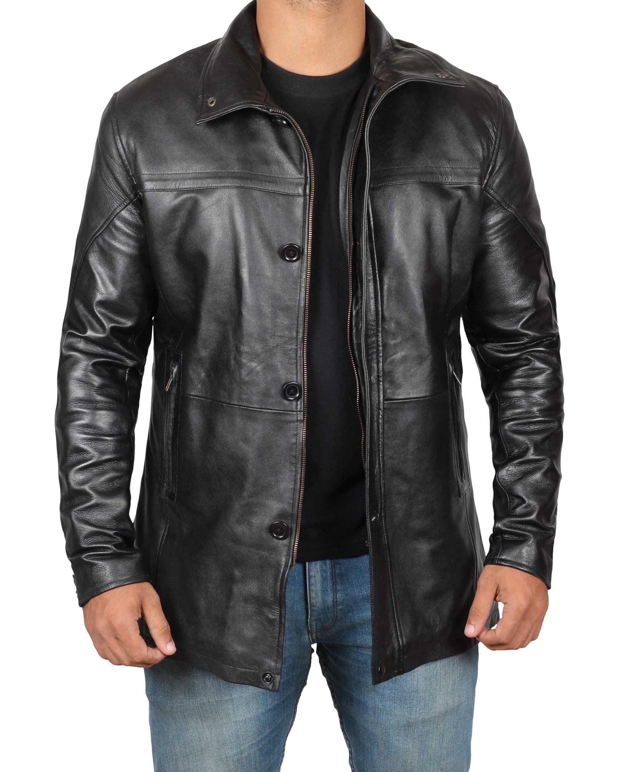 Fjackets Real Lambskin ¾ Length Leather Coat for Men - Brown & Black