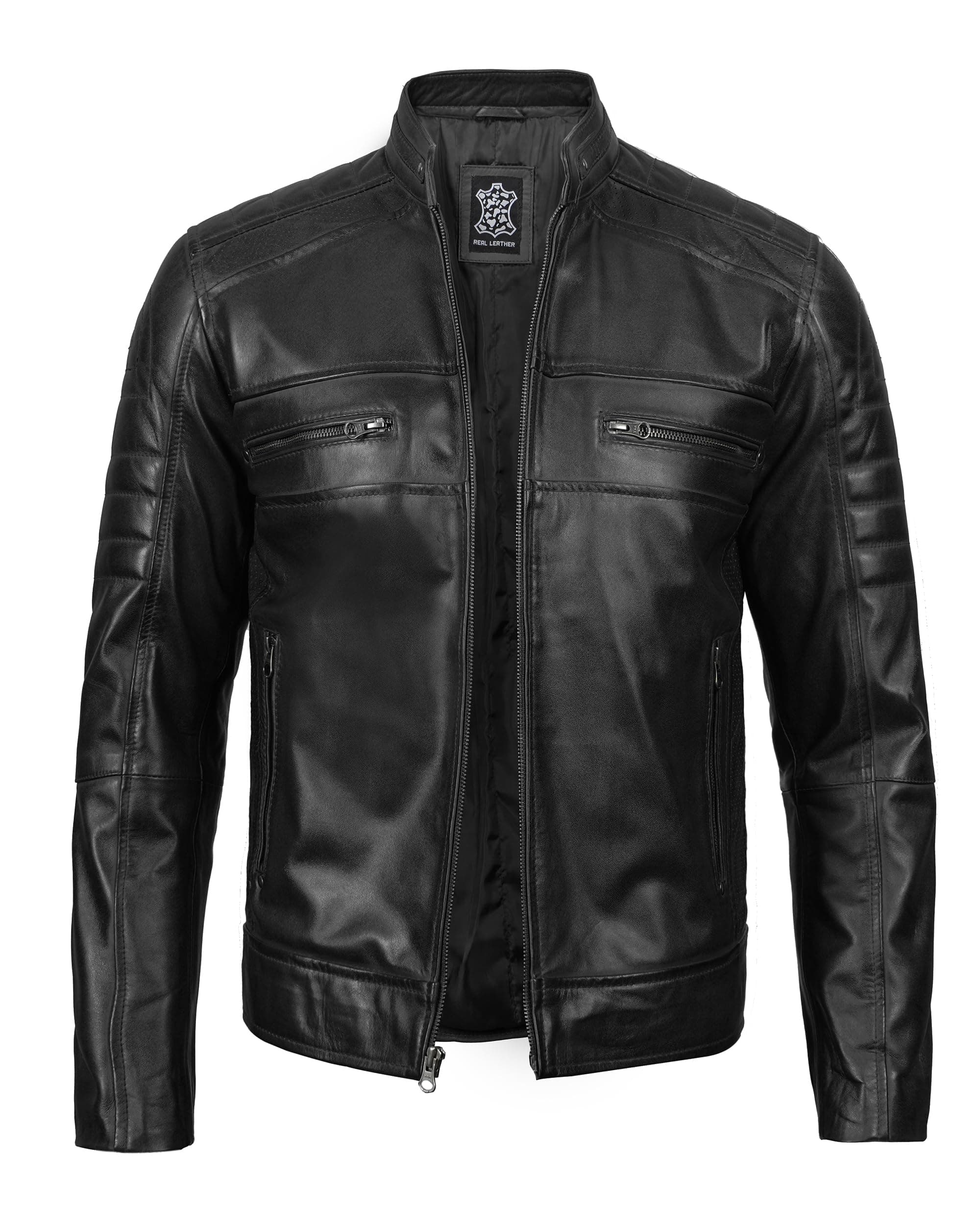 Cafe Racer Leather Jacket Men - Real Lambskin Natural Grain Motorcycle Jacket