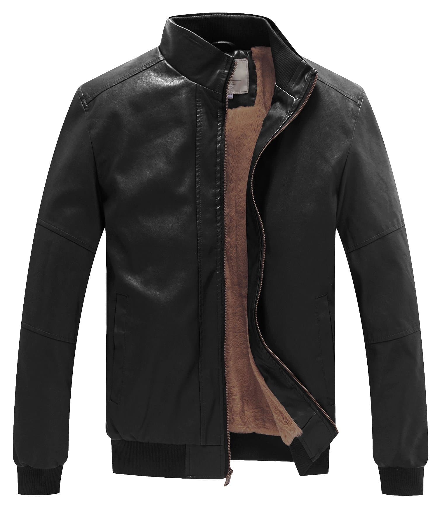Men's Faux Leather Bomber Jacket with Fleece Lining by WenVen