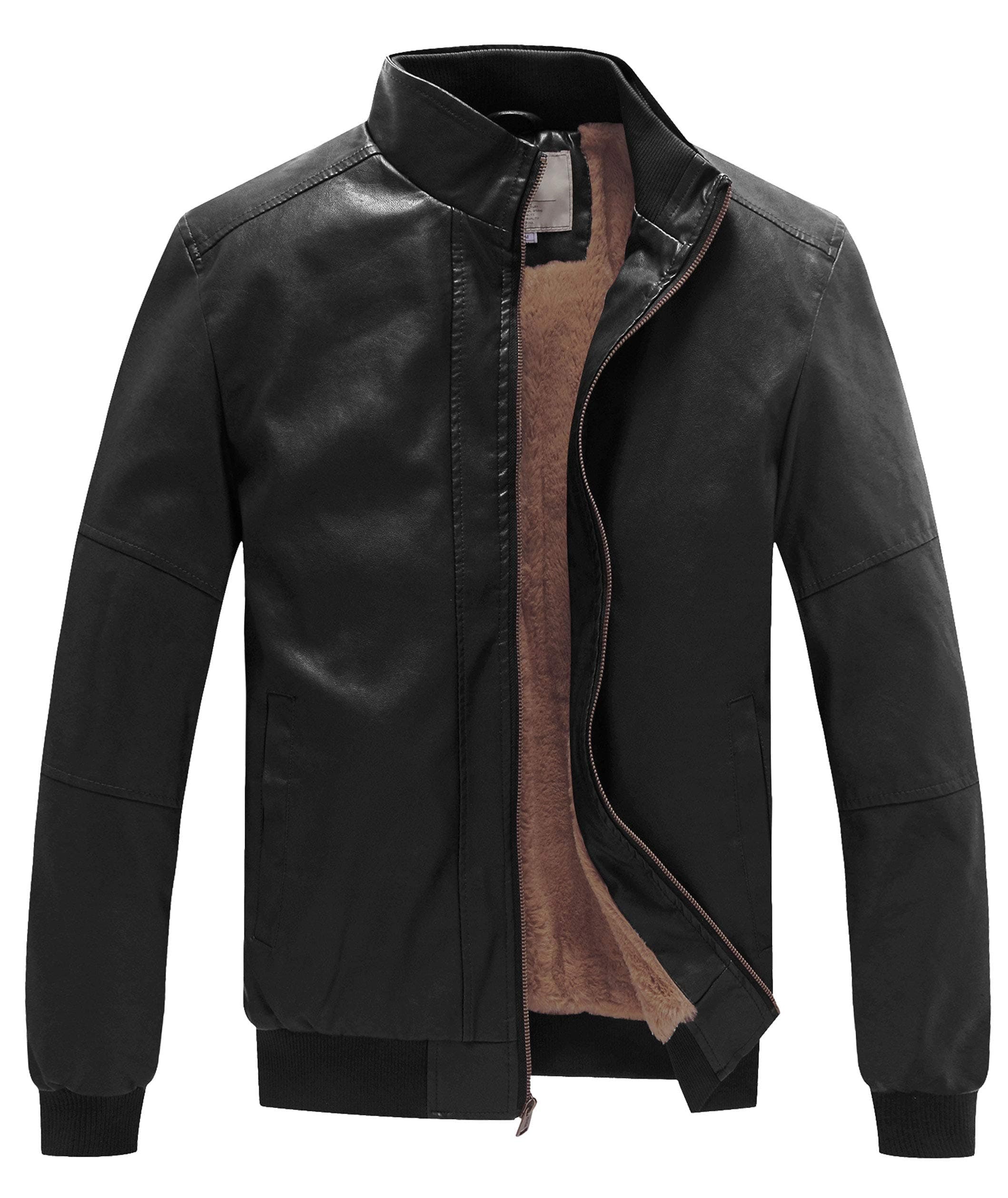 WenVen Men's Faux Leather Collar Bomber Jacket with Fleece Lining