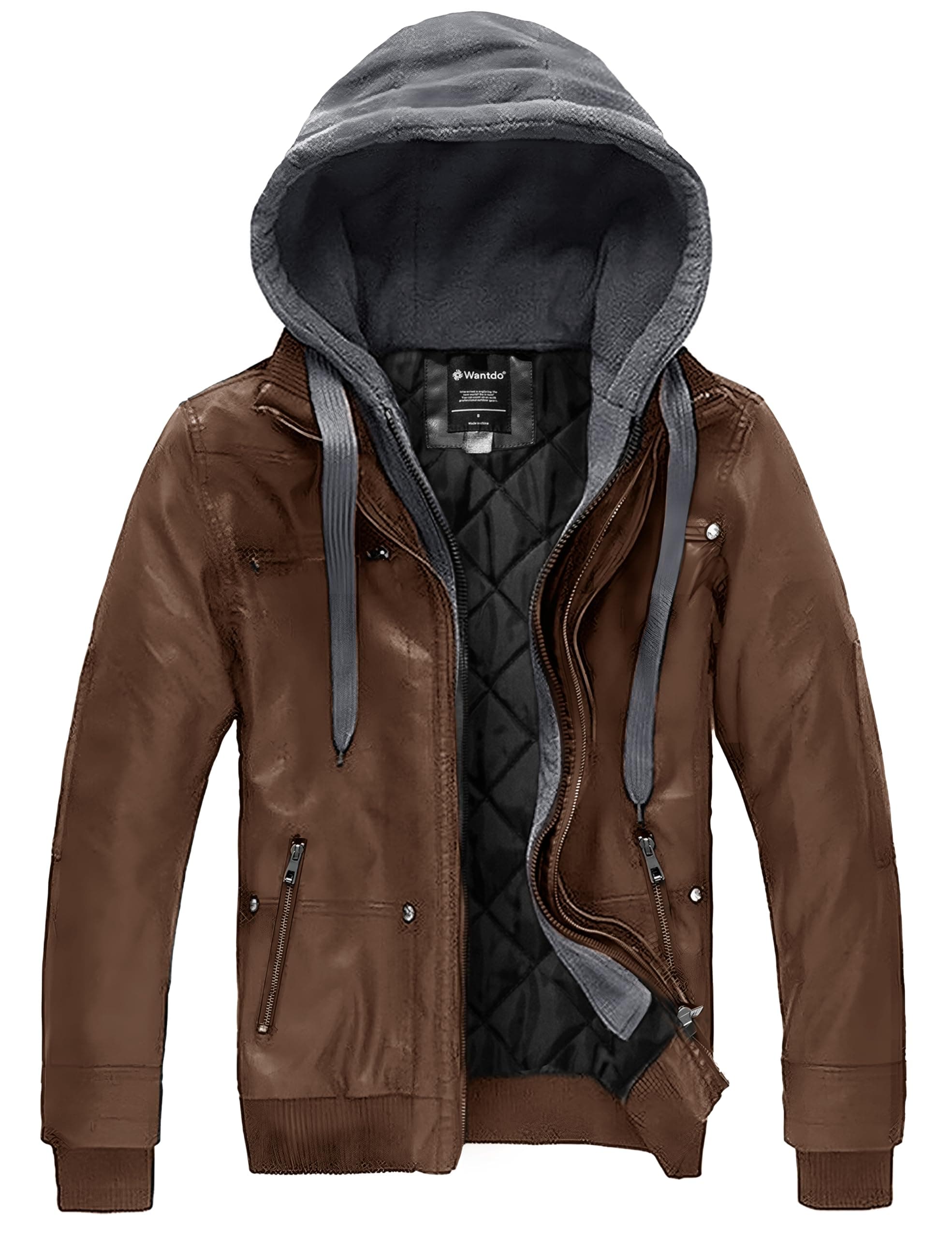 WantDo Men's Faux Leather Motorcycle Jacket with Hood Casual Winter Coat