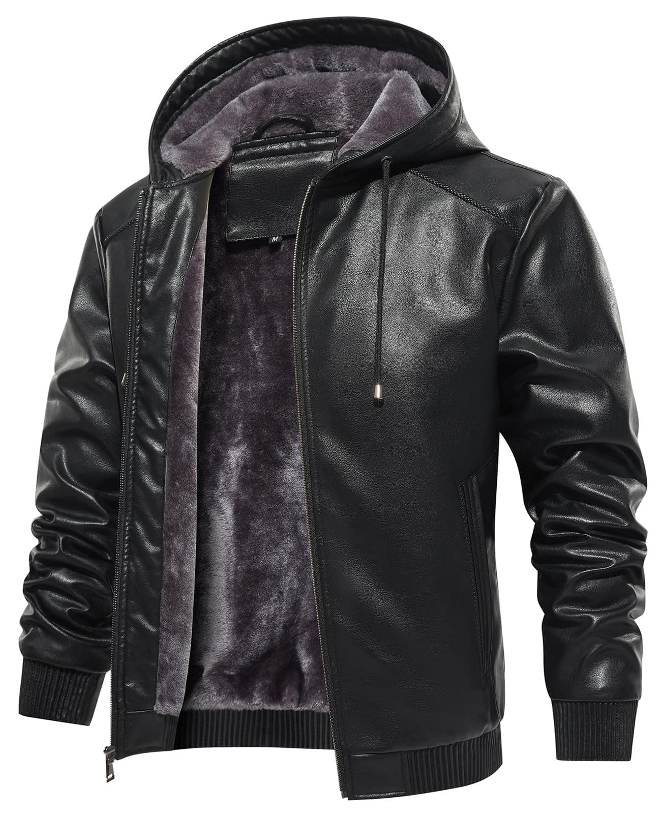 MANSDOUR Men's Warm Black Fleece Lined Motorcycle Jacket with Hood