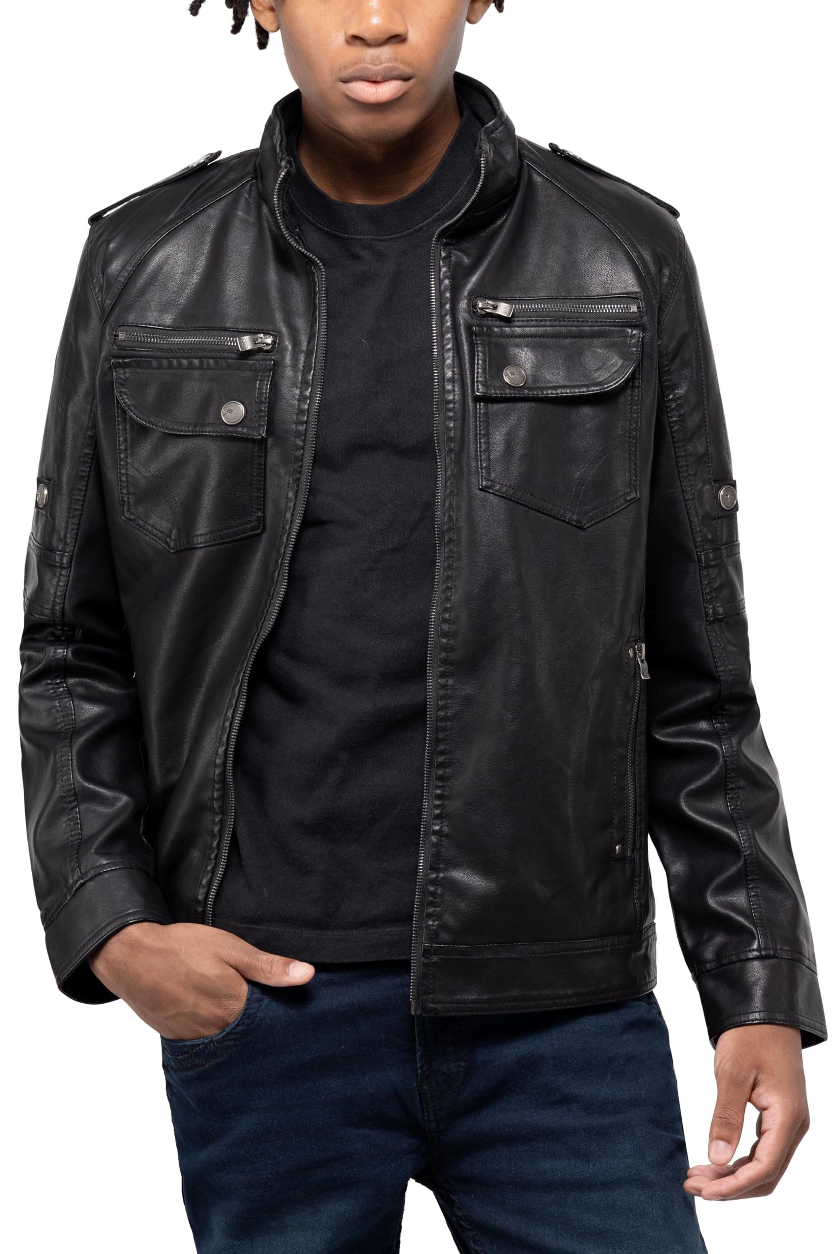 X RAY Men's Hooded PU Leather Jacket, Black, Large