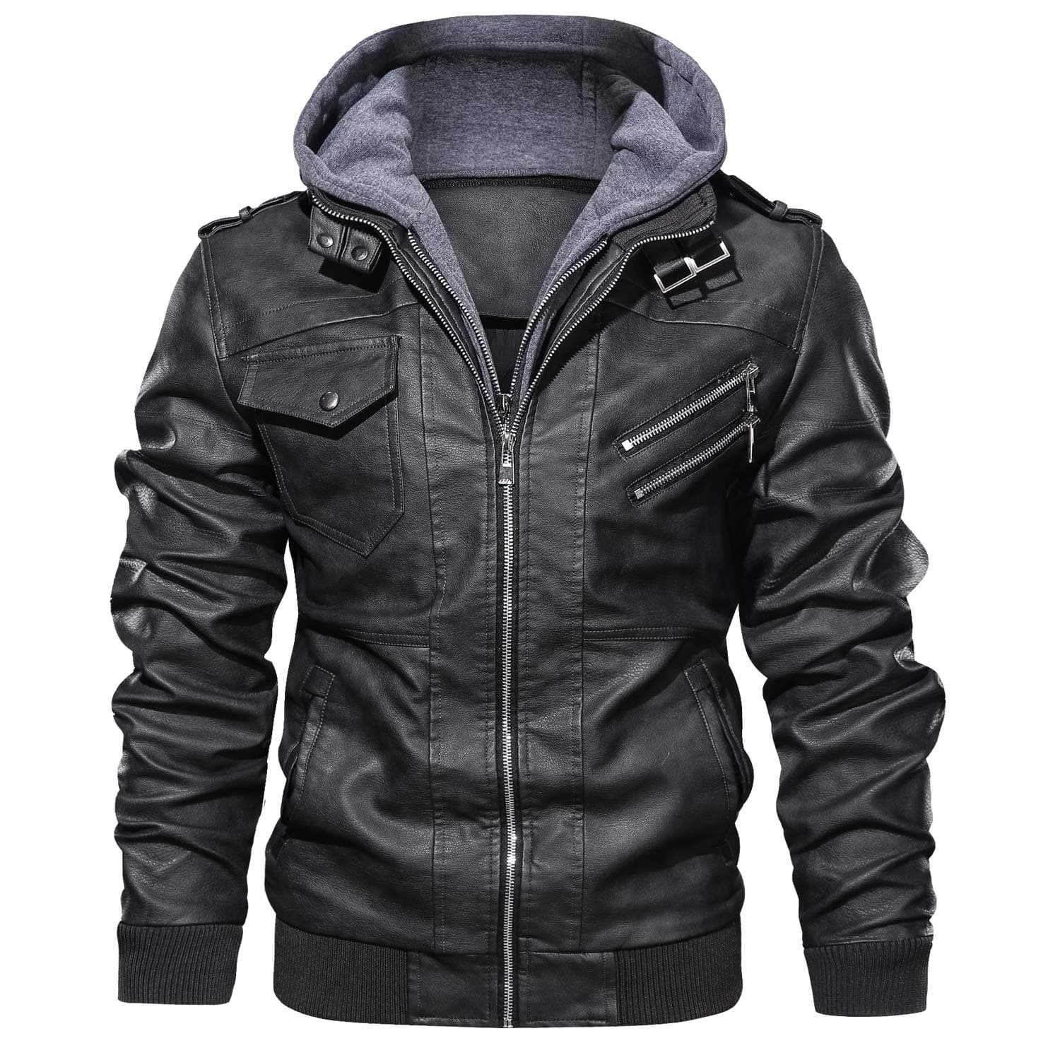 Men's Faux Leather Motorcycle Jacket with Removable Hood