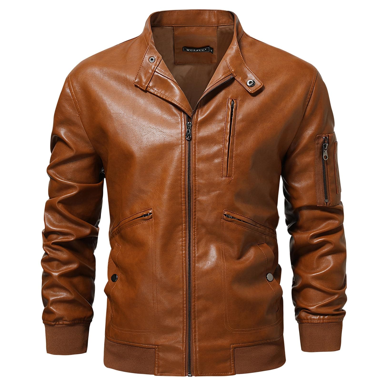 WULFUL Men's Lightweight Bomber Jacket - Faux Leather Stand Collar
