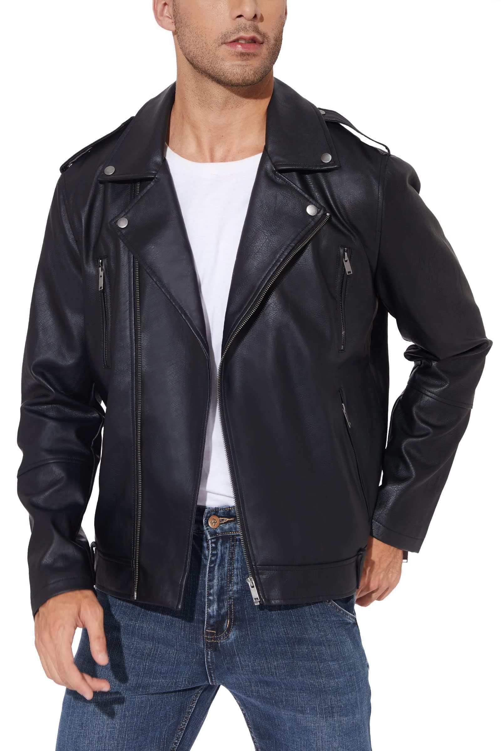 Men's Black Faux Leather Bomber Jacket - Lightweight Slim Fit Motorcycle Coat