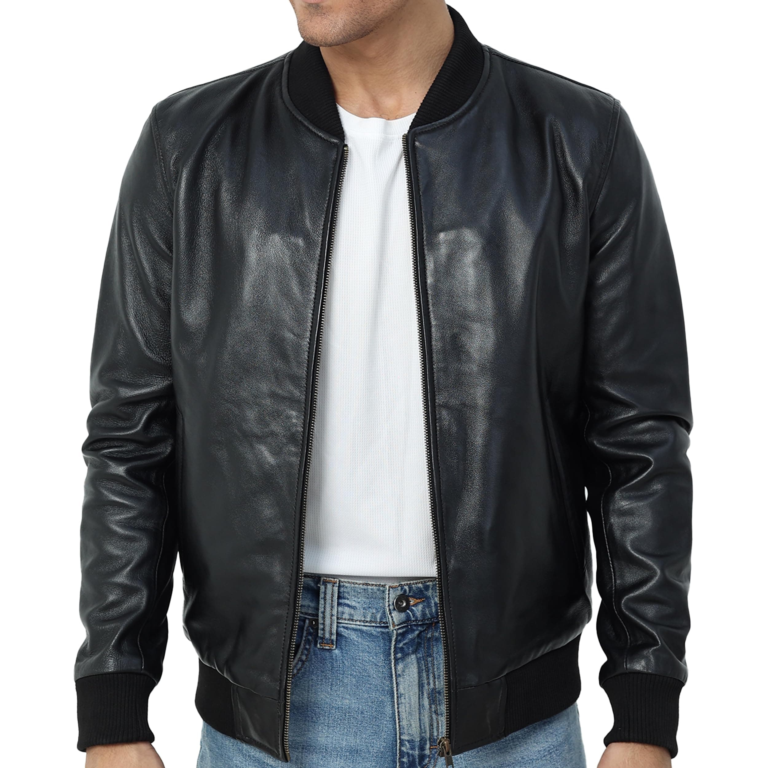 FinchesClub Black Lambskin Leather Bomber Jacket | Men's Motorcycle Heritage Style