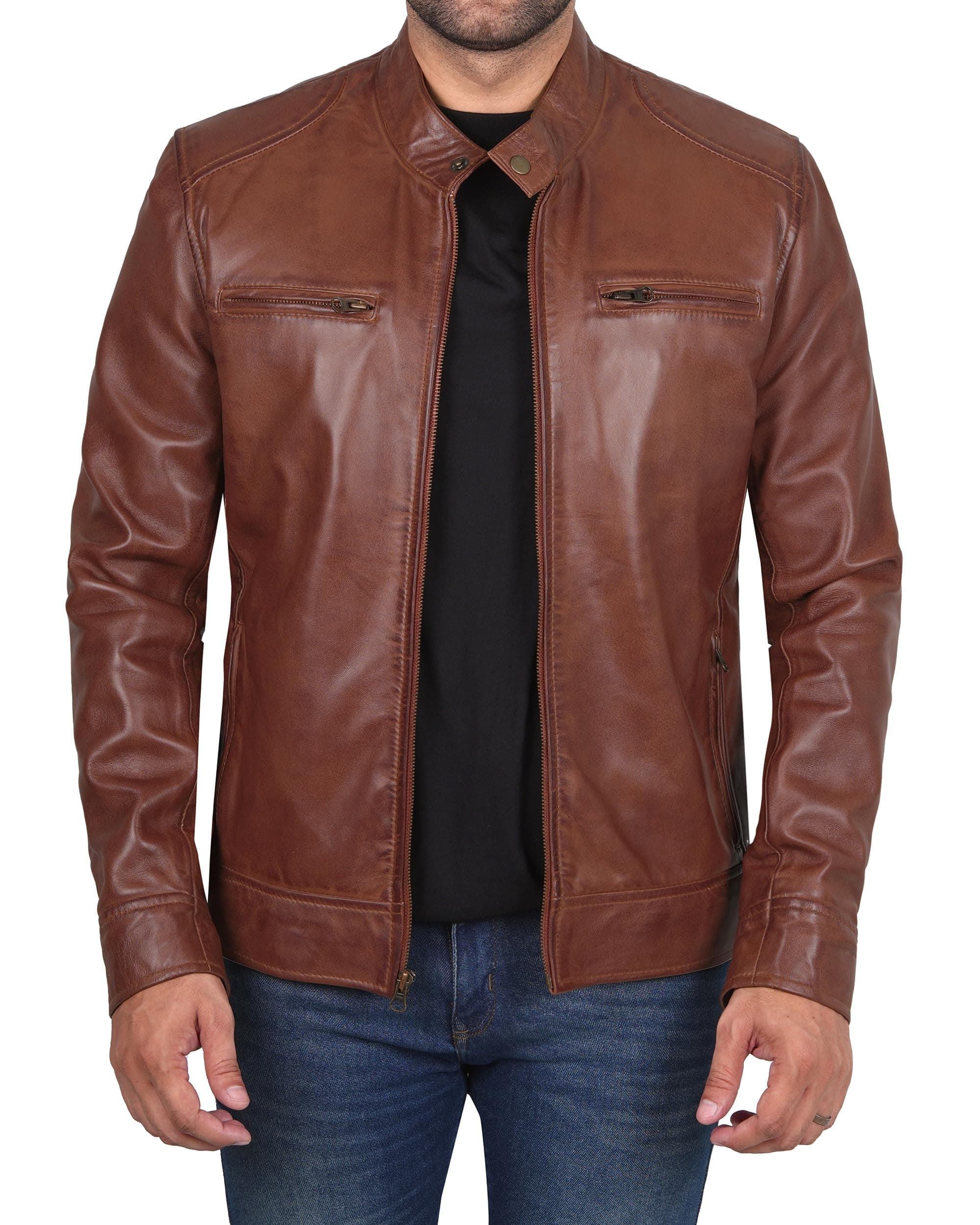 Decrum Men's Real Lambskin Cafe Racer Leather Jacket