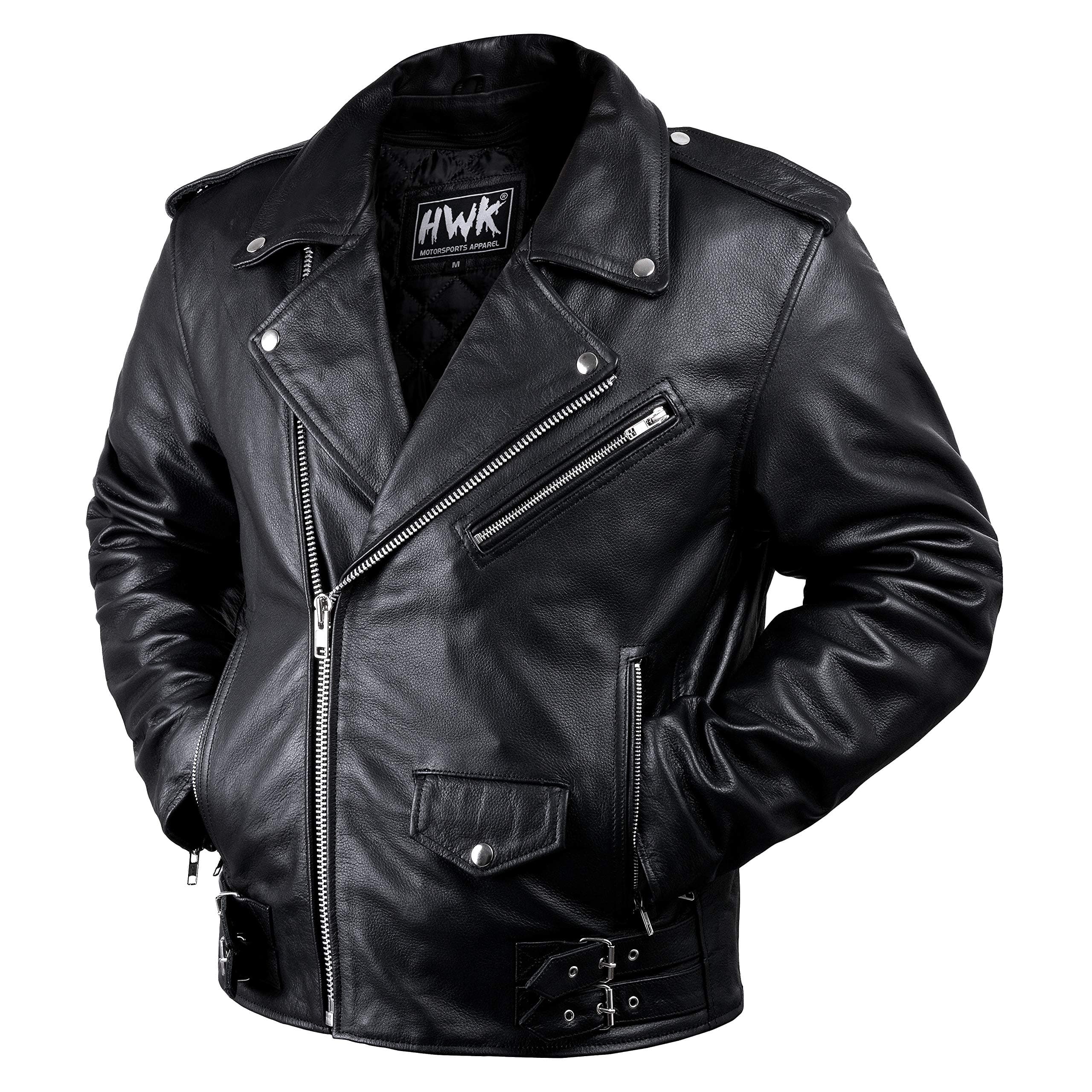 HWK Brando Genuine Black Leather Motorcycle Jacket with CE Armor & Thermal Lining - Medium