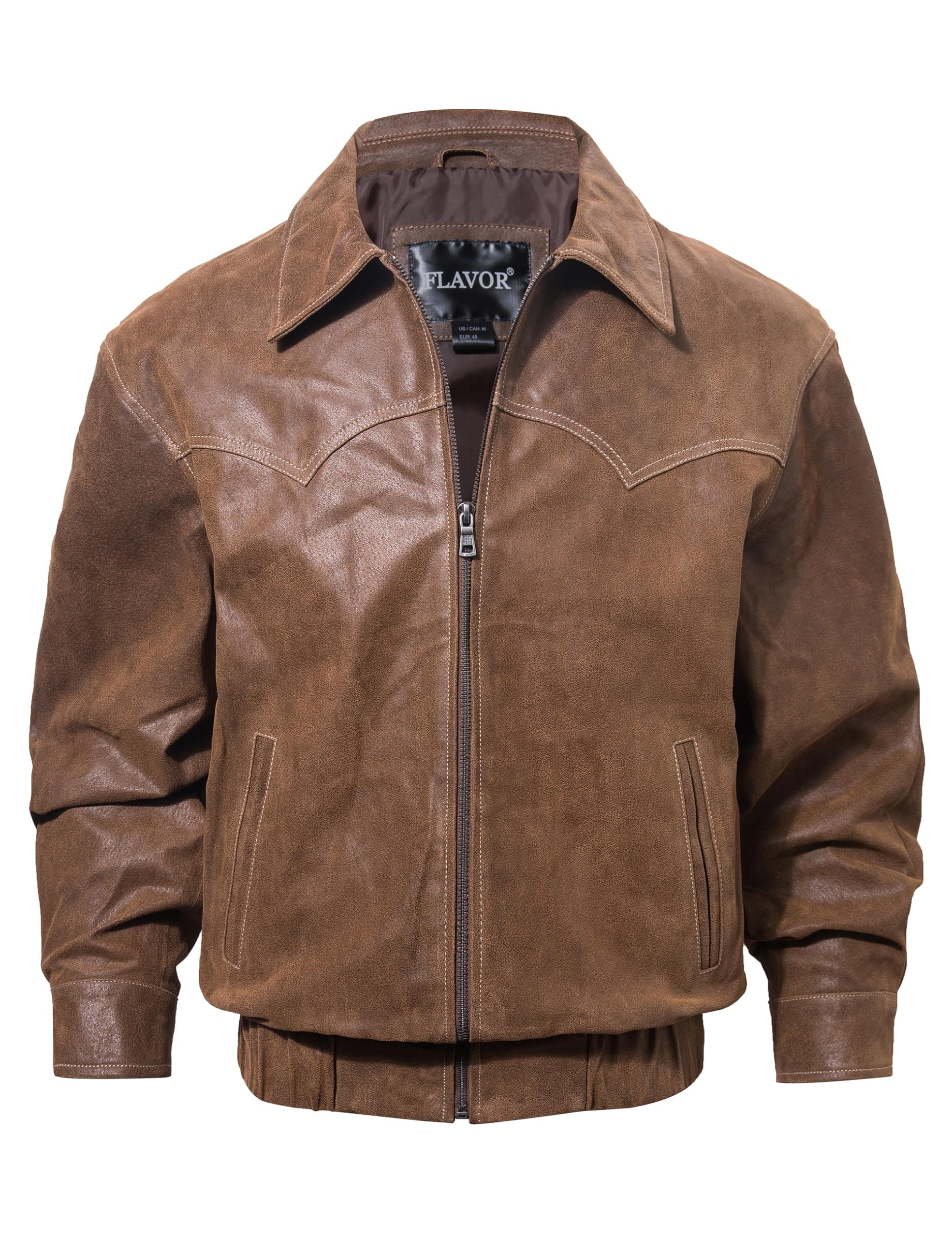Men's Genuine Leather Bomber Jacket - Brown, Casual Fall Winter