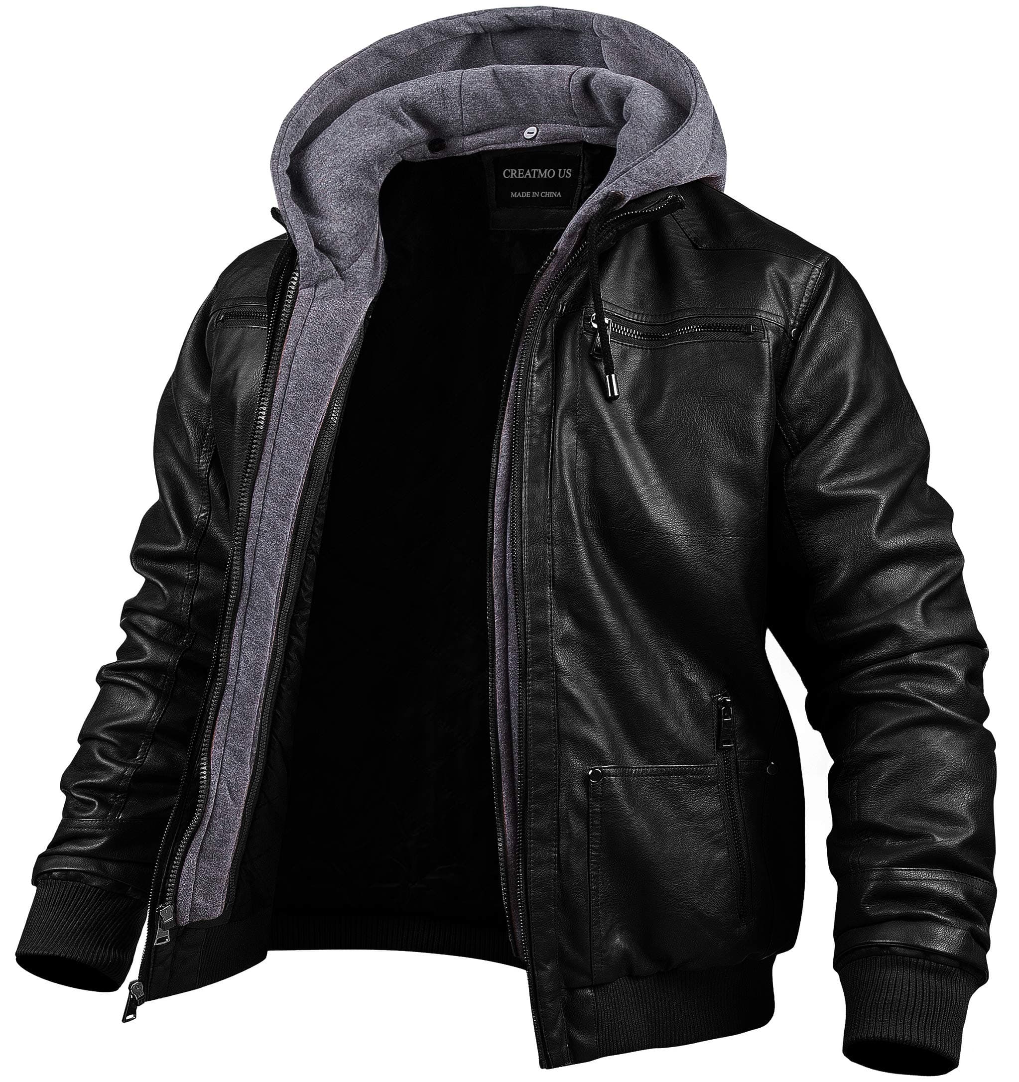 Men's Faux Leather Motorcycle Jacket with Removable Hood