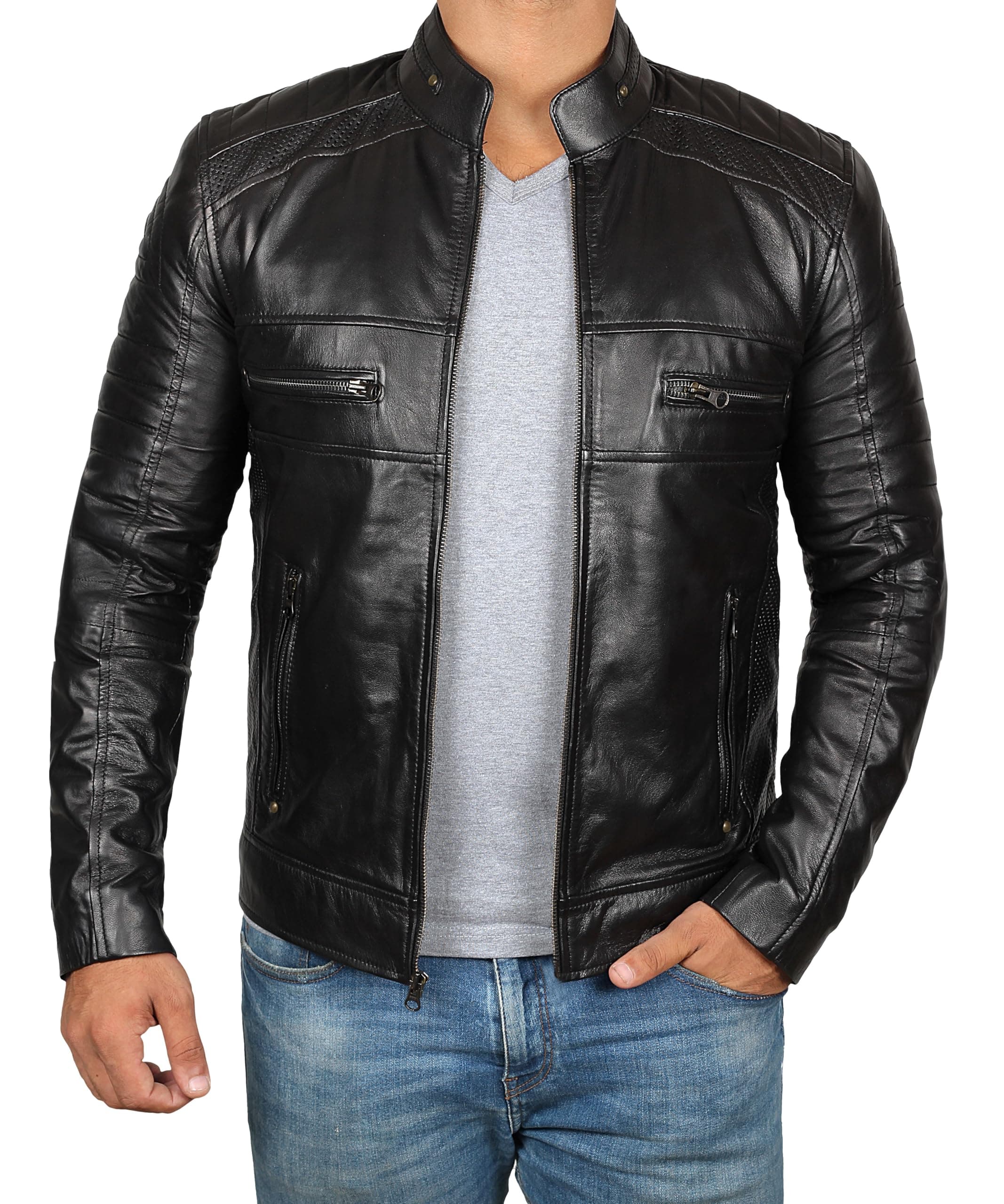 Decrum Men's Black and Brown Leather Motorcycle Jacket