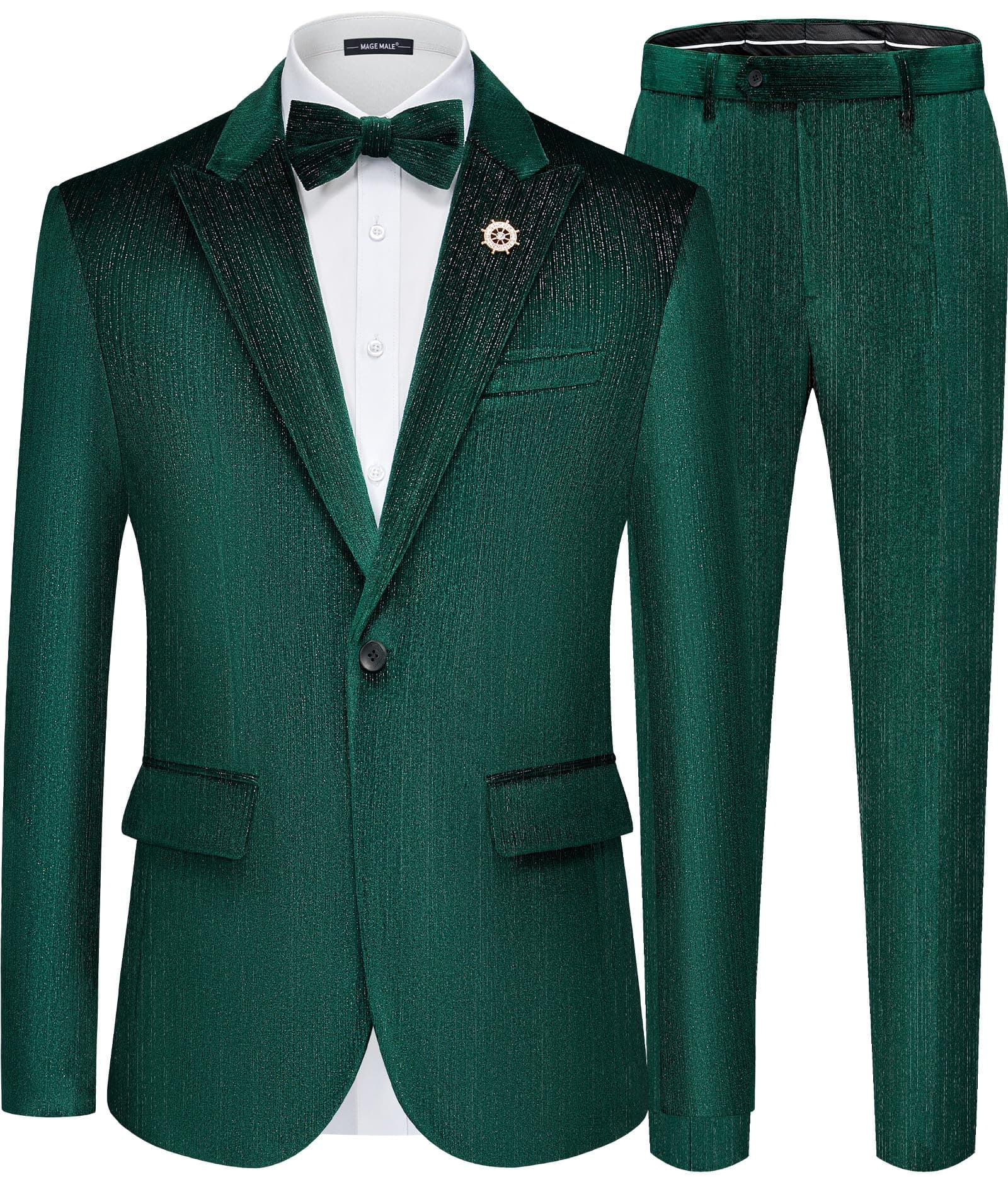MAGE Mens Velvet Tuxedo Suit Set Slim Fit 2-Piece Party Jacket Pants