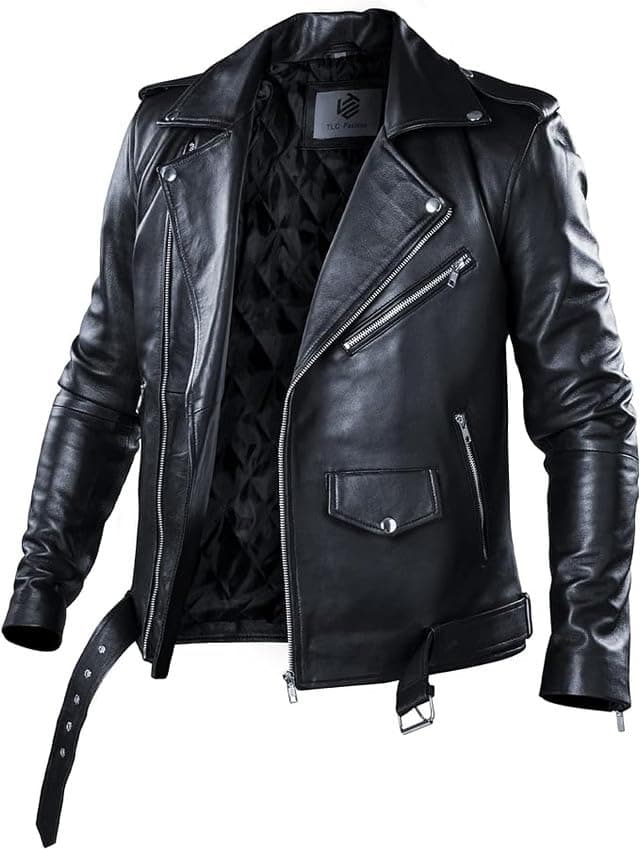 TLC Men's Notch Collar Leather Biker Jacket - Black with Zipper Cuff