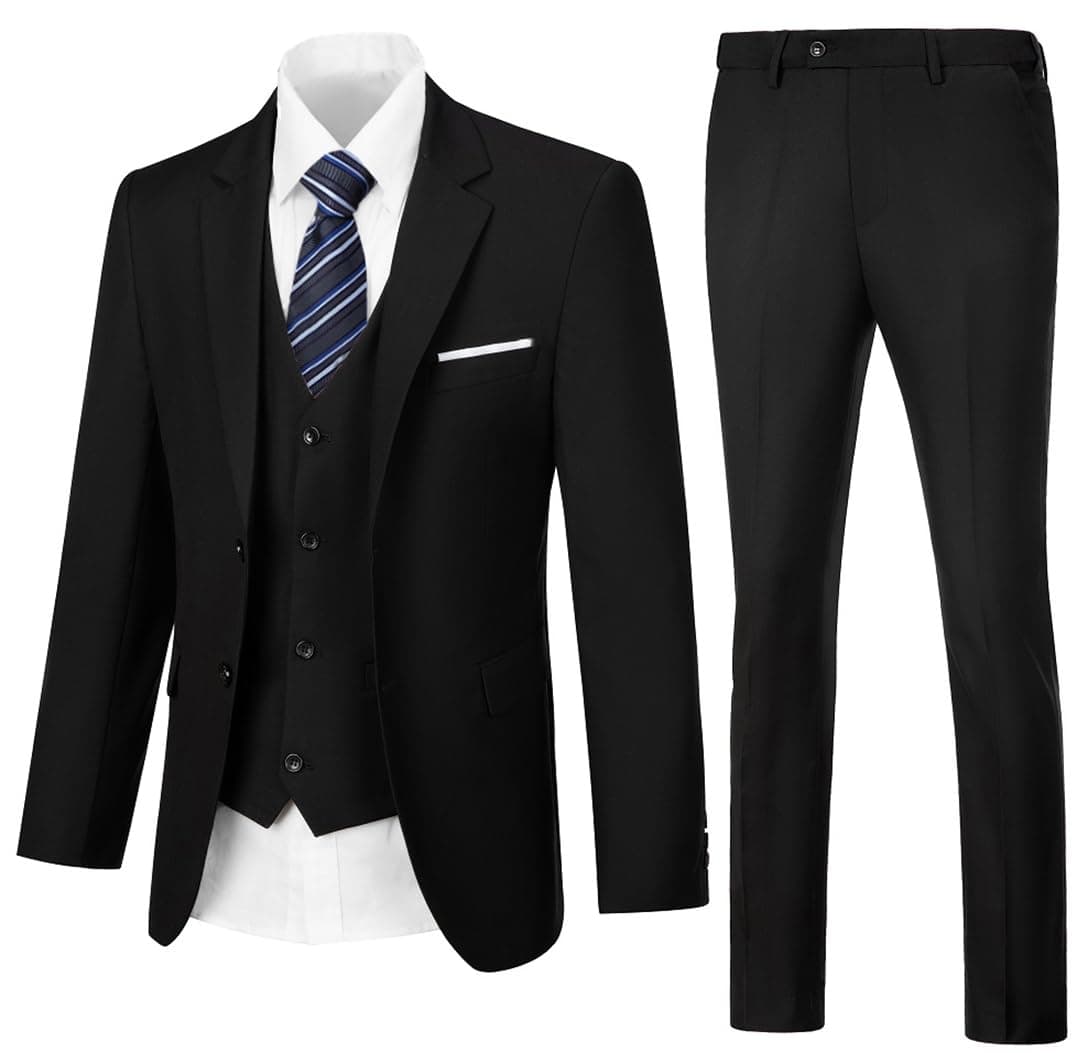WOMS Mens Slim Fit 3 Piece Suit Set 2 Button Blazer Vest Pants