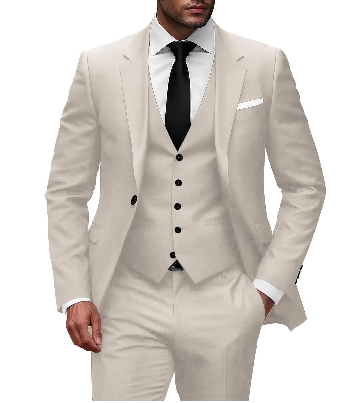 Wangyue Men Slim Fit 3-Piece Solid Wedding Suit Single Breasted Blazer Vest Pants Set