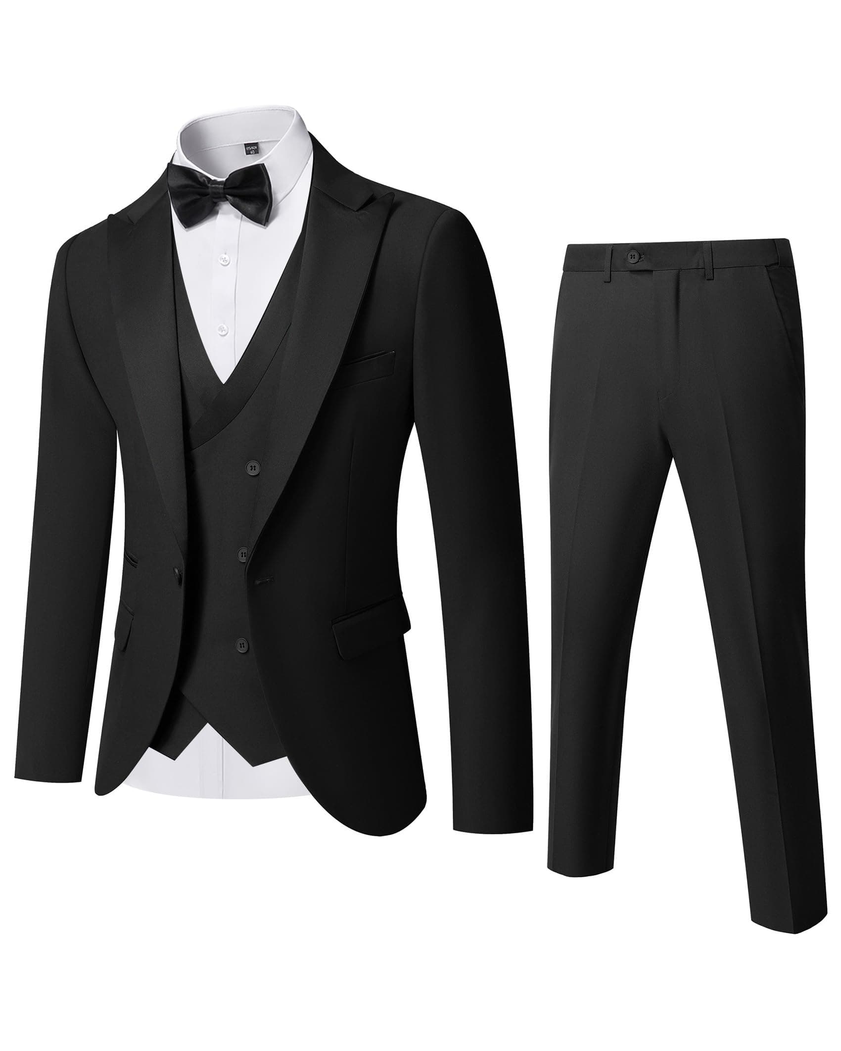 YND Men's Slim Fit Wedding Tuxedo Set with Peak Lapel Jacket, Double Breasted Vest & Pants