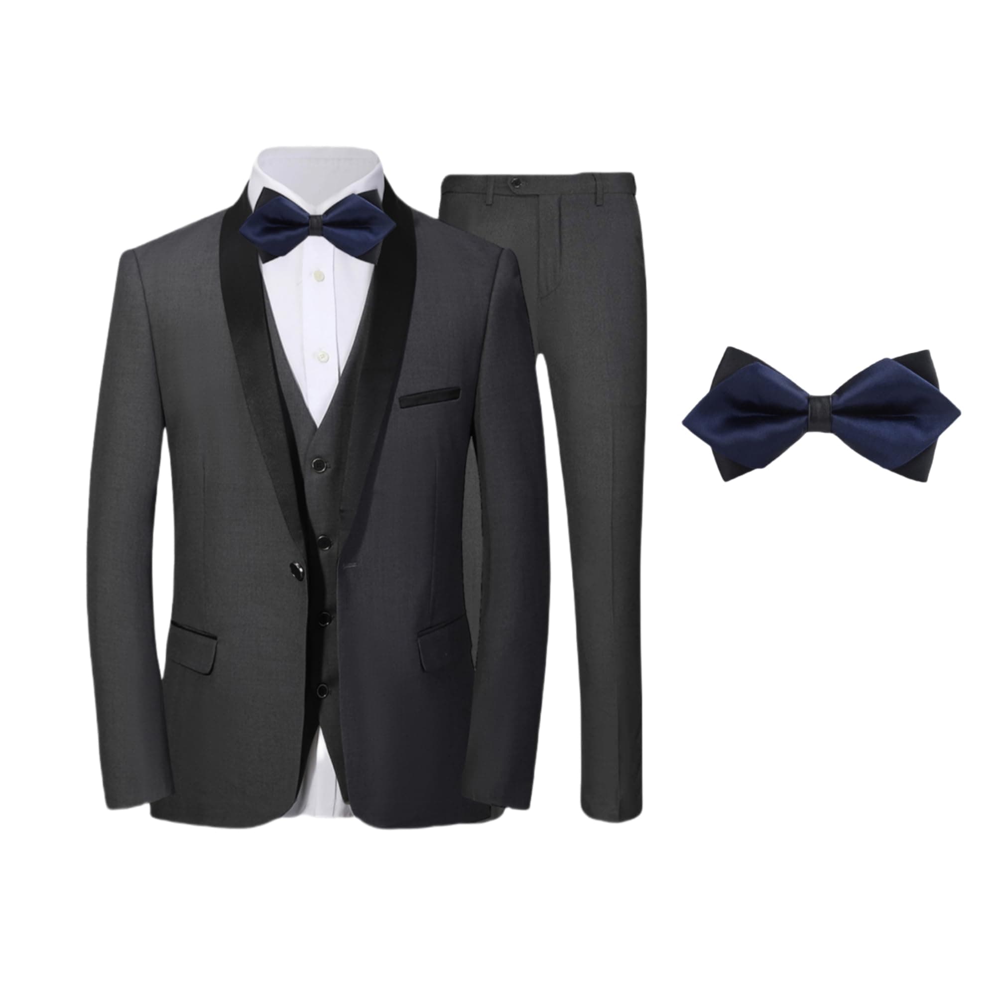 SZRJ Mens Slim Fit Tuxedo Suit Set 4 Piece Wedding Ensemble with Bow-Tie