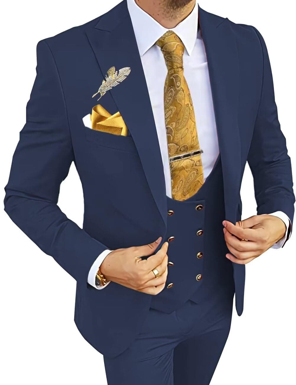 Wangyue Men's 3-Piece Slim Fit Double Breasted Suit for Business, Weddings & Proms