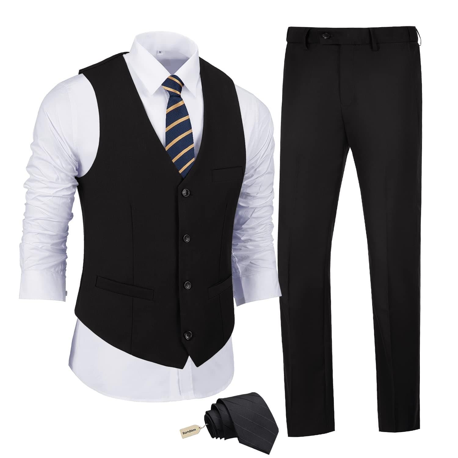 JPF Men's Slim Fit Suit Set - Solid Vest & Pants with Tie
