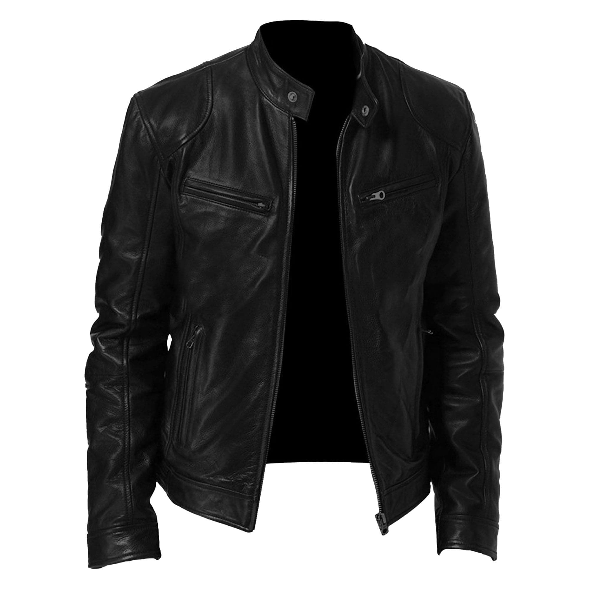 Men's Faux Leather Motorcycle Jacket with Stand Collar