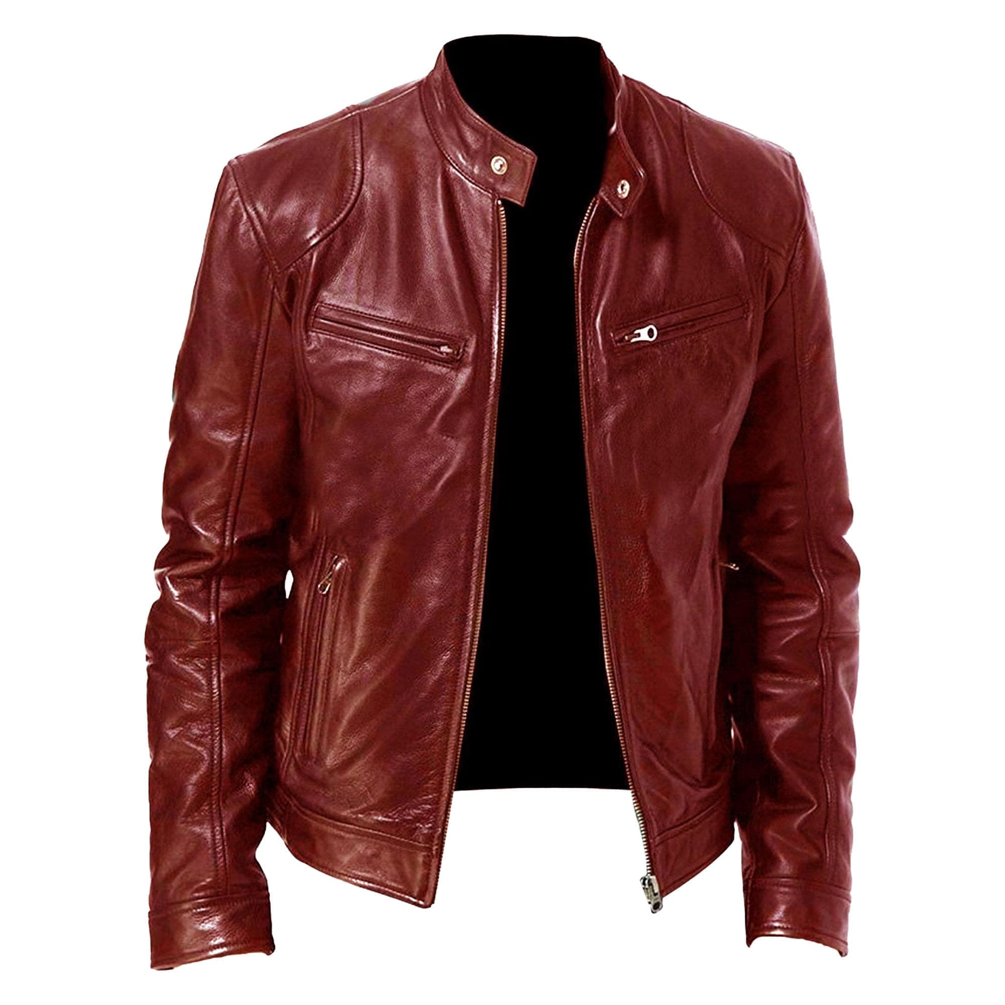 Men's Lightweight Faux Leather Zip Up Motorcycle Bomber Jacket PU Coat