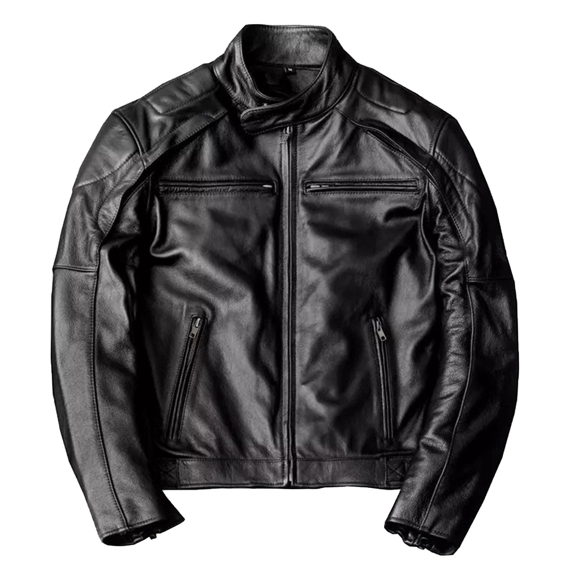 Men's Genuine Cowhide Motorcycle Jacket with Stand Collar