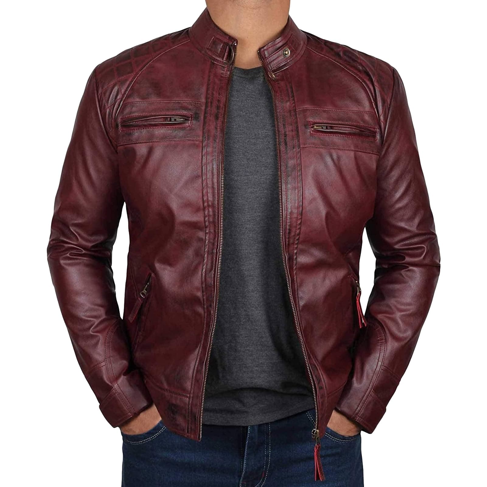 JEsilunmaMY Men's Distressed Punk Leather Jacket Vintage Motorcycle Bomber Coat