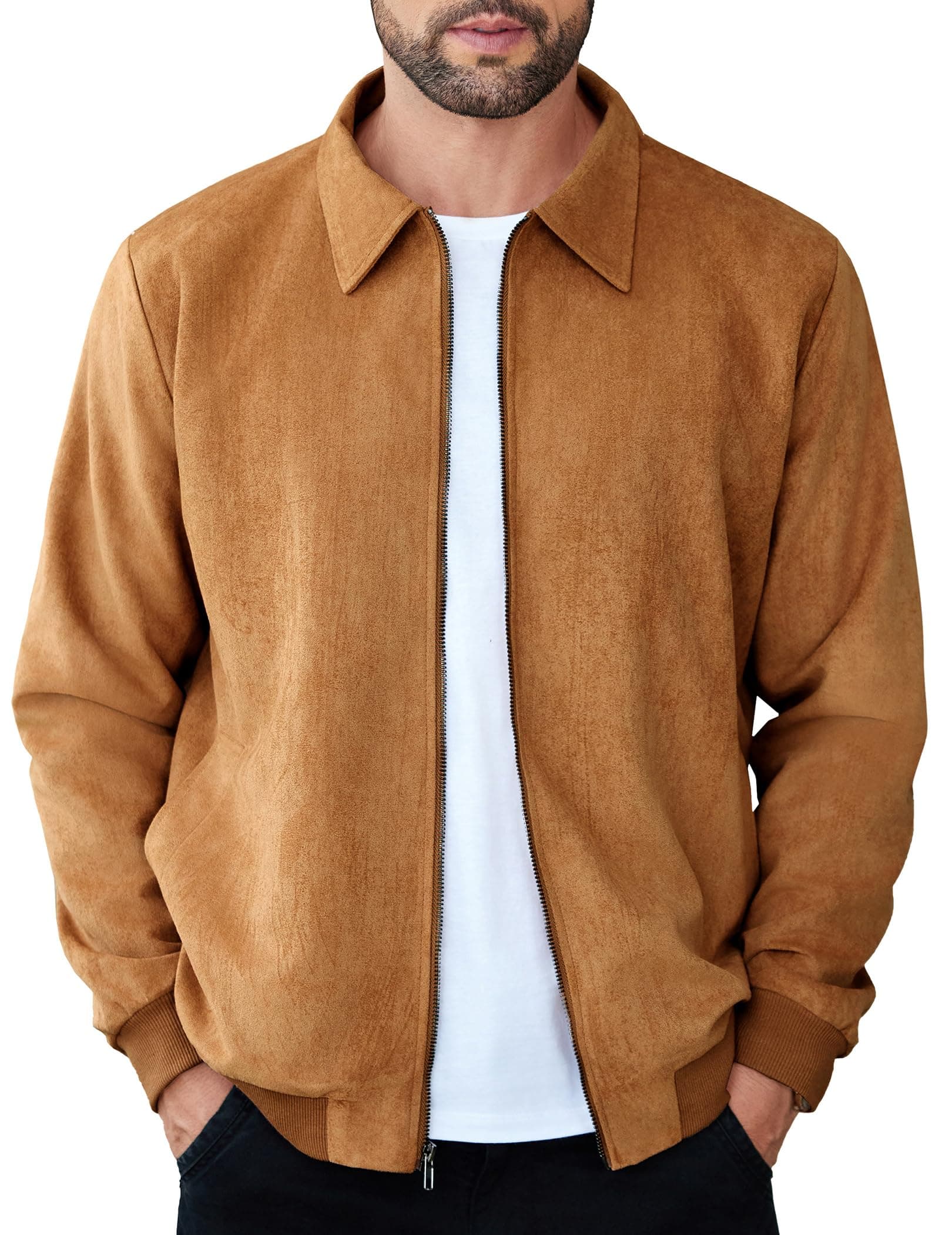 COOFANDY Men's Casual Lightweight Full Zip Up Faux Leather Bomber Jacket