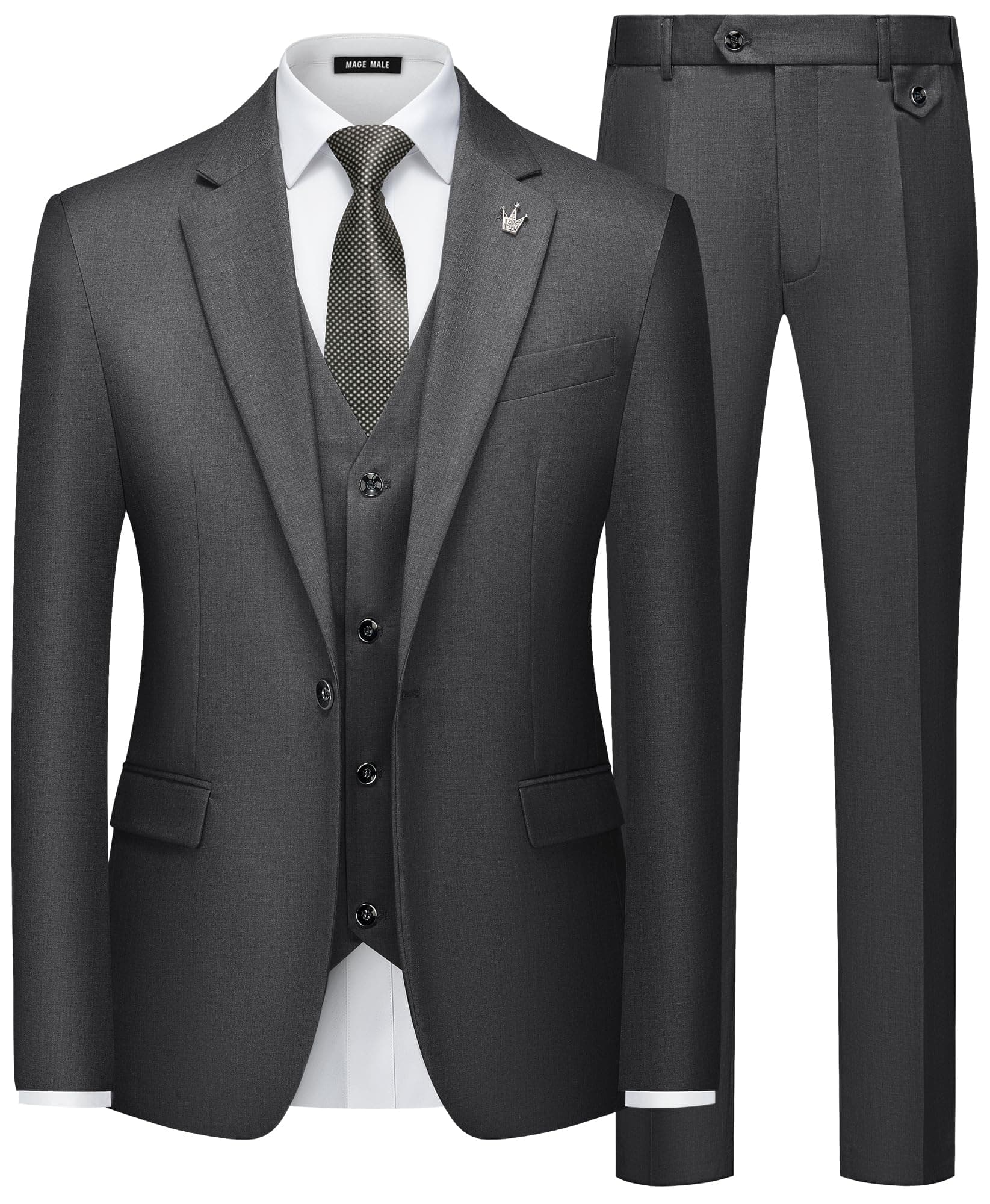 MAGE MALE Men's Slim Fit 3-Piece Tuxedo Suit Set with Blazer, Vest, Pants, and Tie for Prom and Weddings