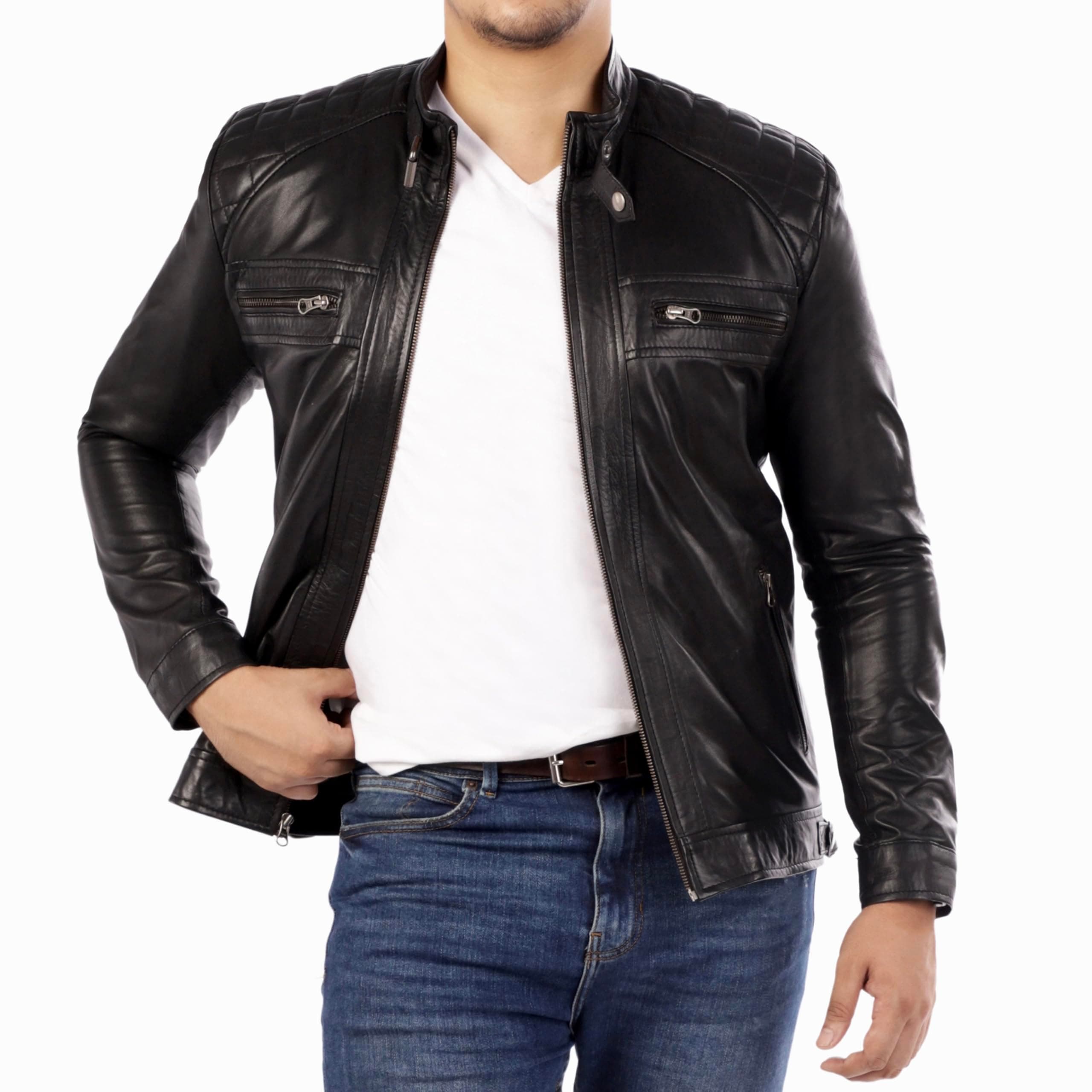 Jild Signature Diamond Style Men's Premium Lambskin Leather Motorcycle Jacket Vintage Look