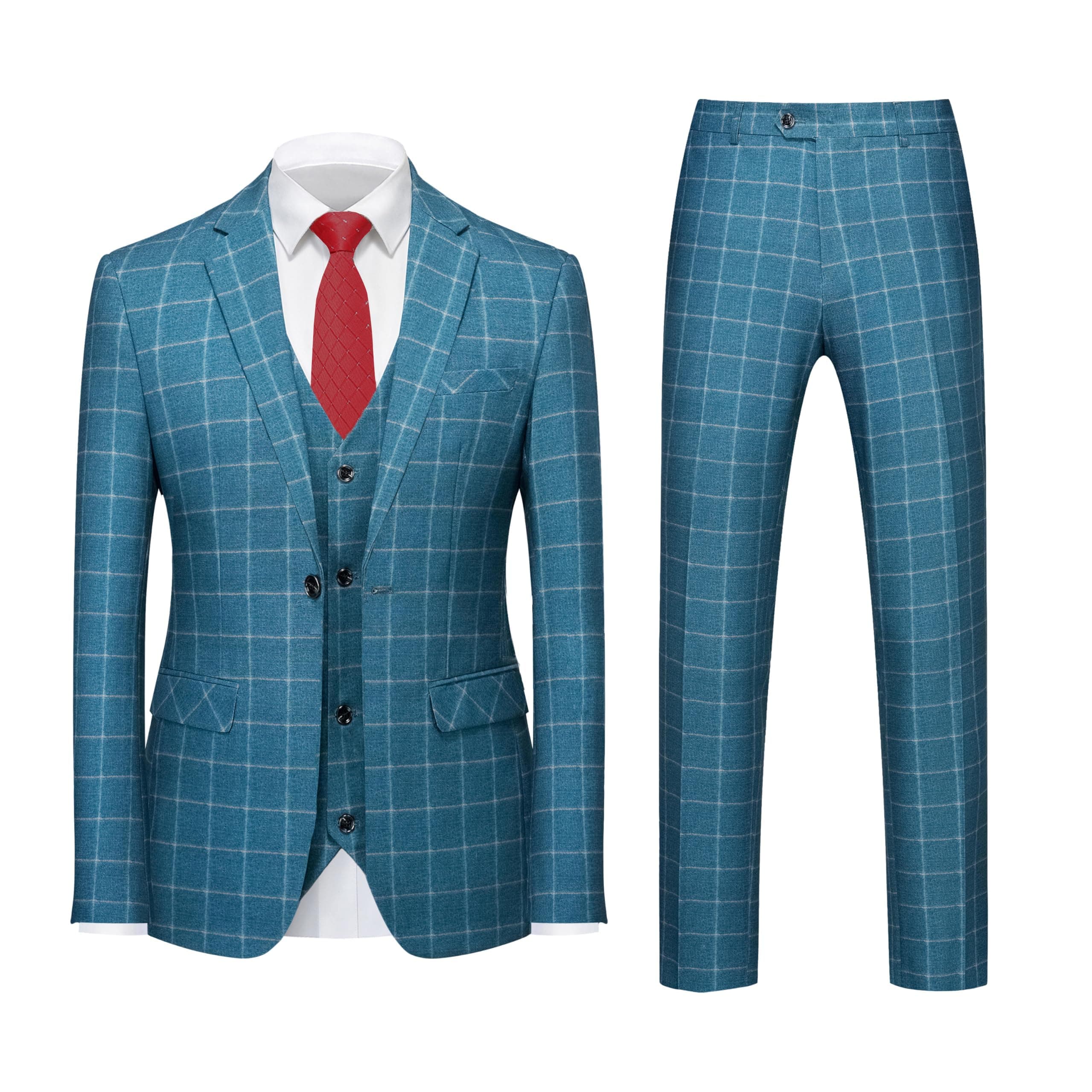 MOGU Men's Slim Fit Plaid Suit - Blazer, Vest, Pants for Weddings, Proms, and Business